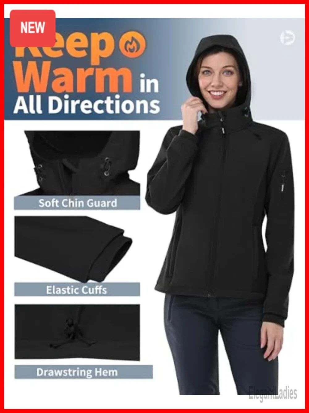 Women's Waterproof Softshell Jacket with Fleece Lining, Hood, 5 Pockets
